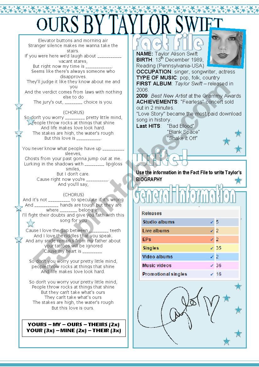Ours By Taylor Swift Worksheet Esl Worksheet By Raul