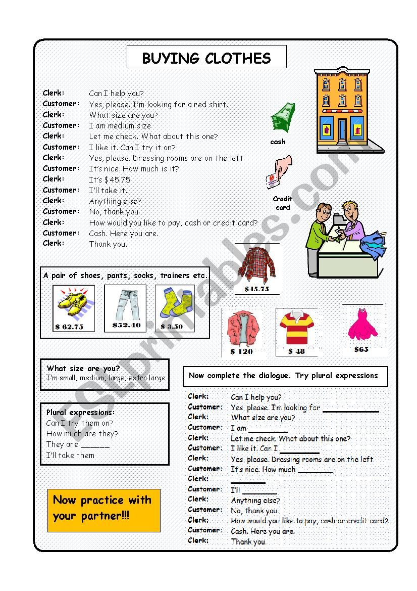 buying clothes worksheet
