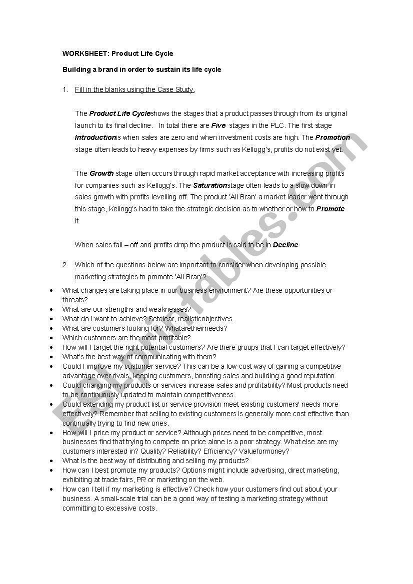 Product Life Cycle worksheet