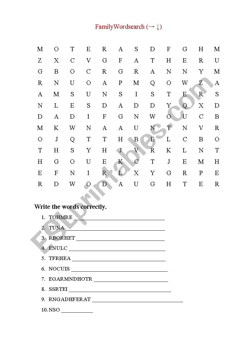 Family Wordsearch worksheet