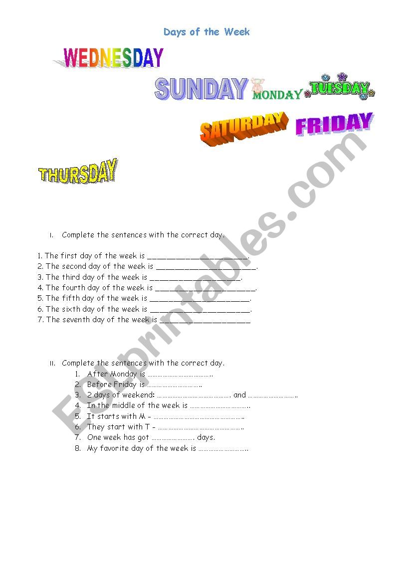 Days of the week worksheet