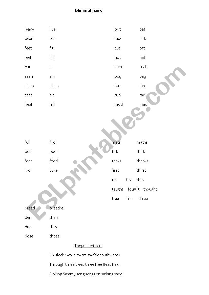 Pronunciation - minimal pairs worksheet