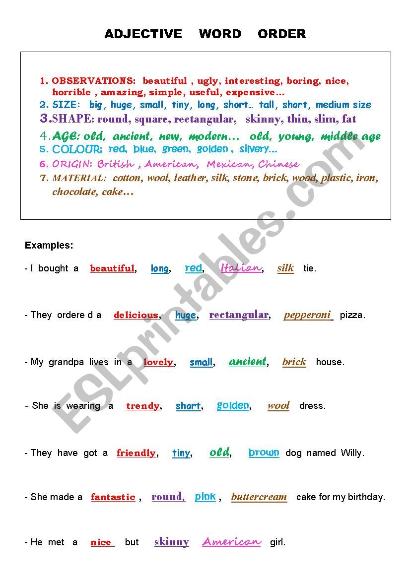 Adjective word order worksheet