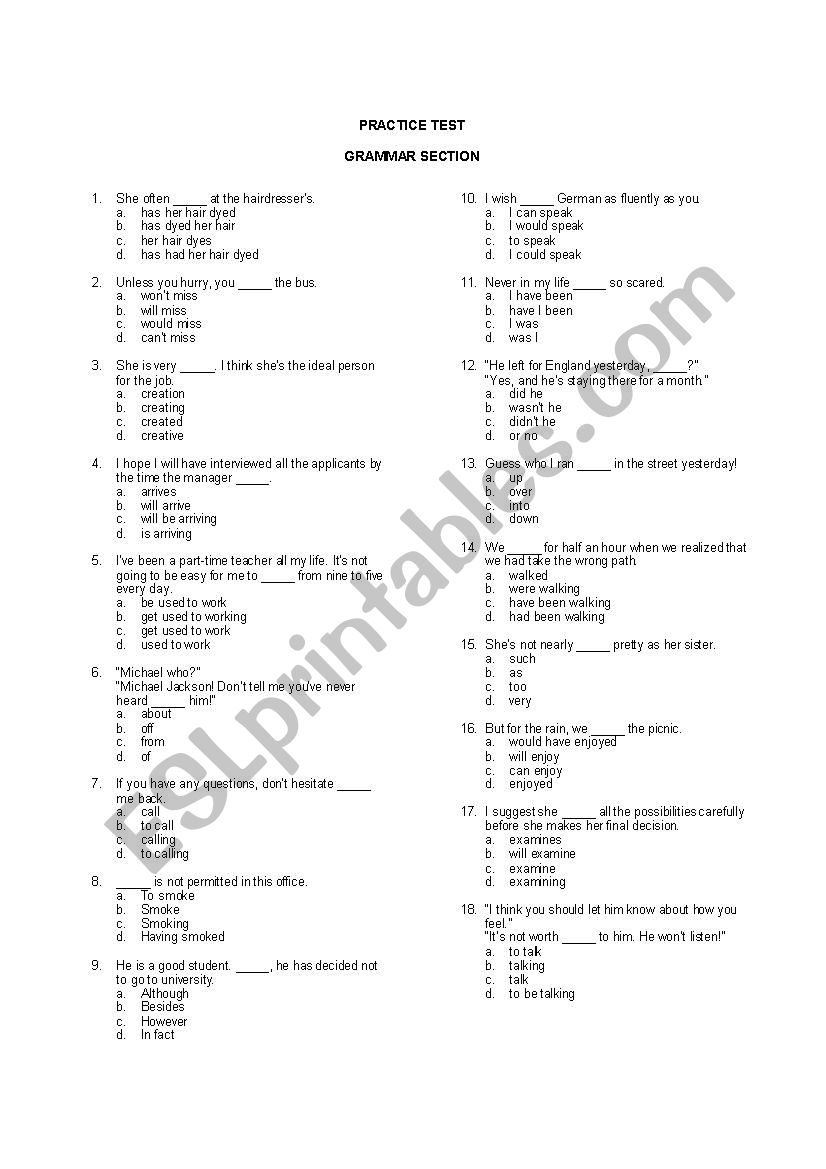 TEST ADVANCED LEVEL worksheet