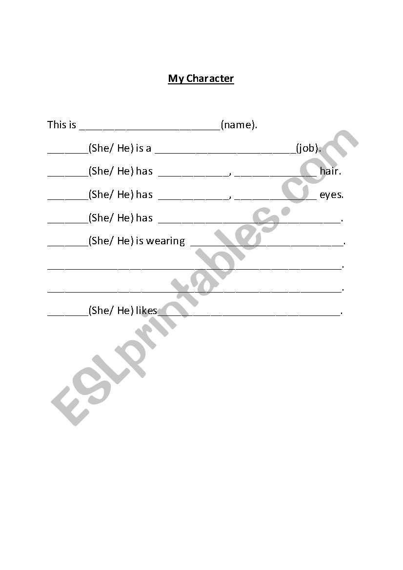 My Character Template worksheet