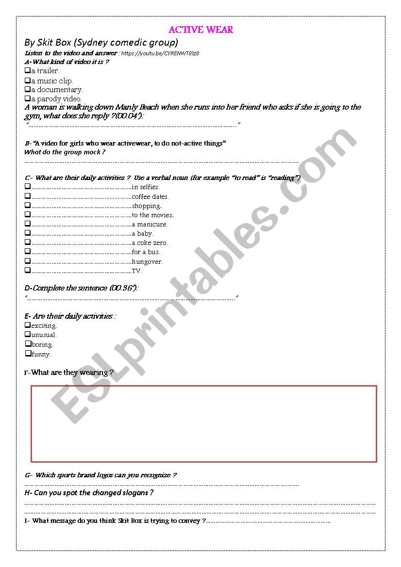 Active wear worksheet