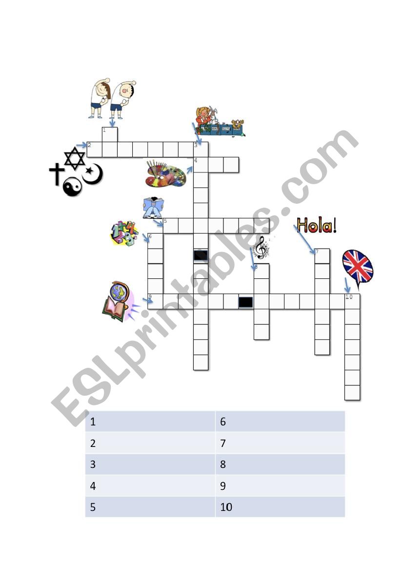 crossword about school subjects without key