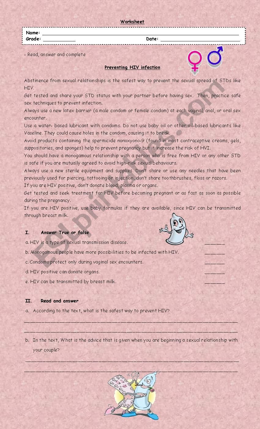 preventing VIH infection worksheet