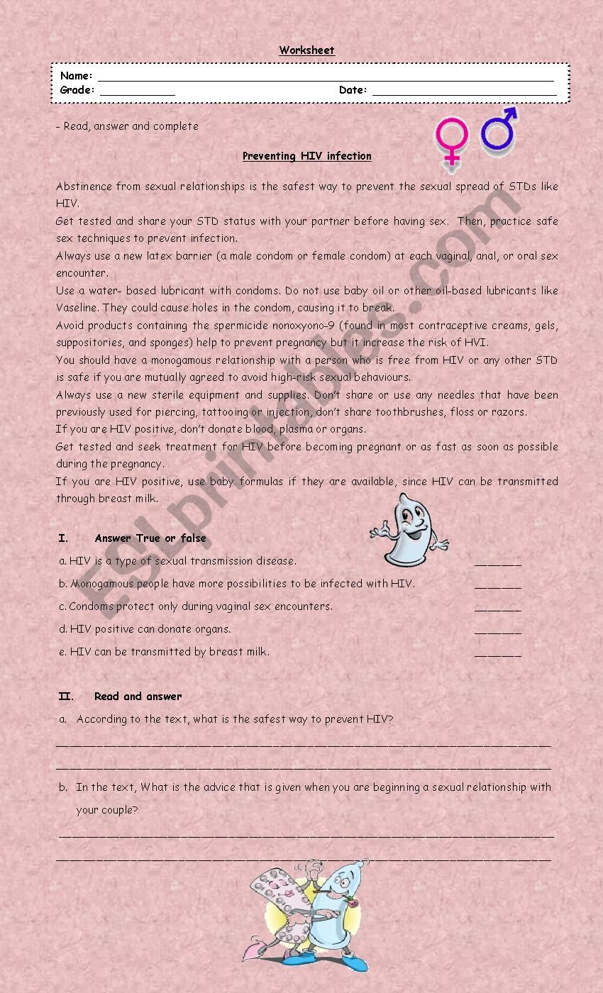 preventing VIH infection worksheet