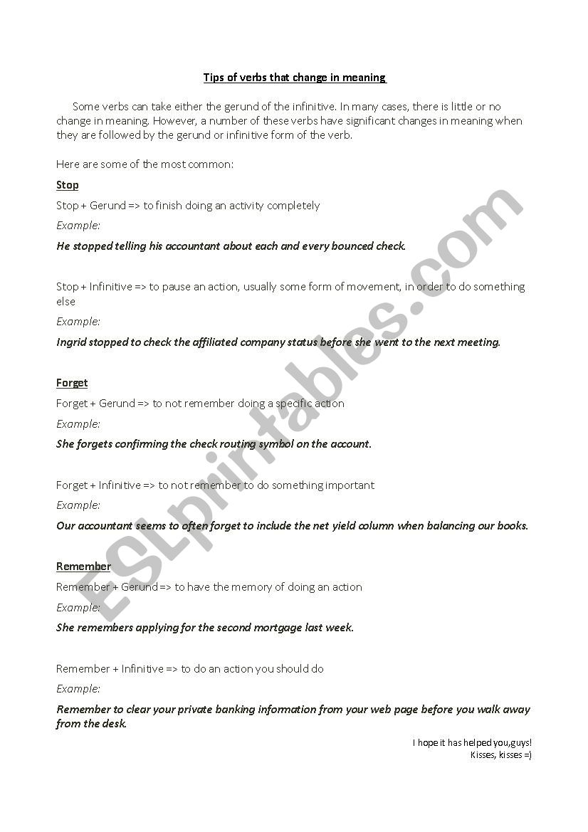 Verbs that change in meaning worksheet