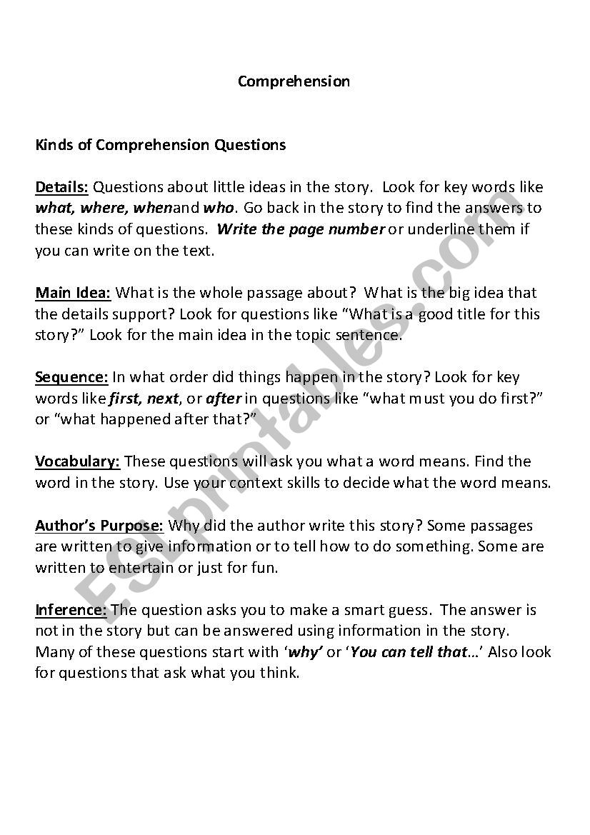 Kinds Of Comprehension Questions ESL Worksheet By Batttl kinds-of-comprehension-questions-esl-worksheet-by-batttl