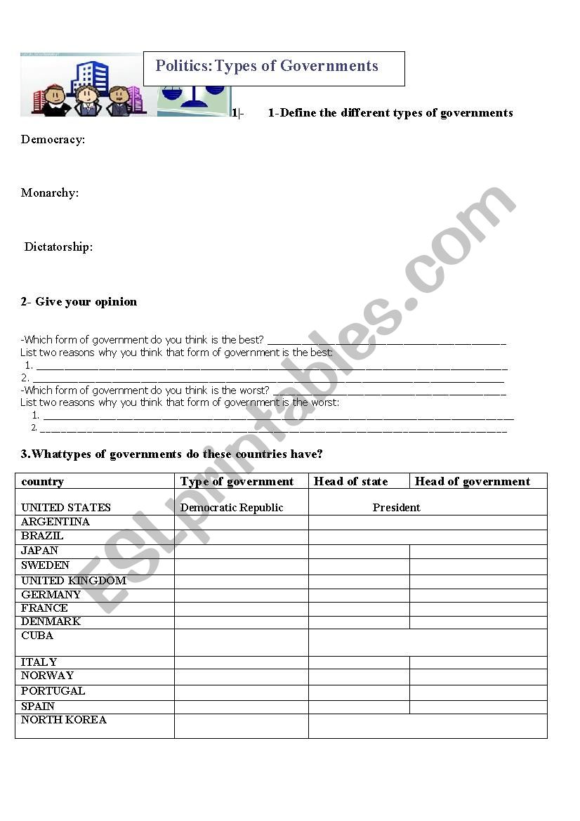 types of governments worksheet