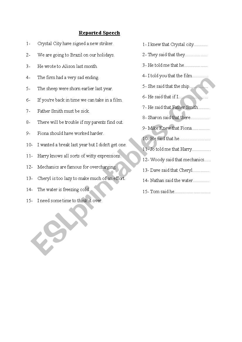 Reported Speech worksheet