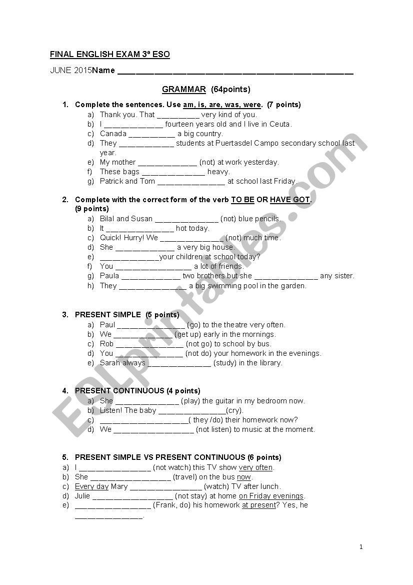 exam worksheet