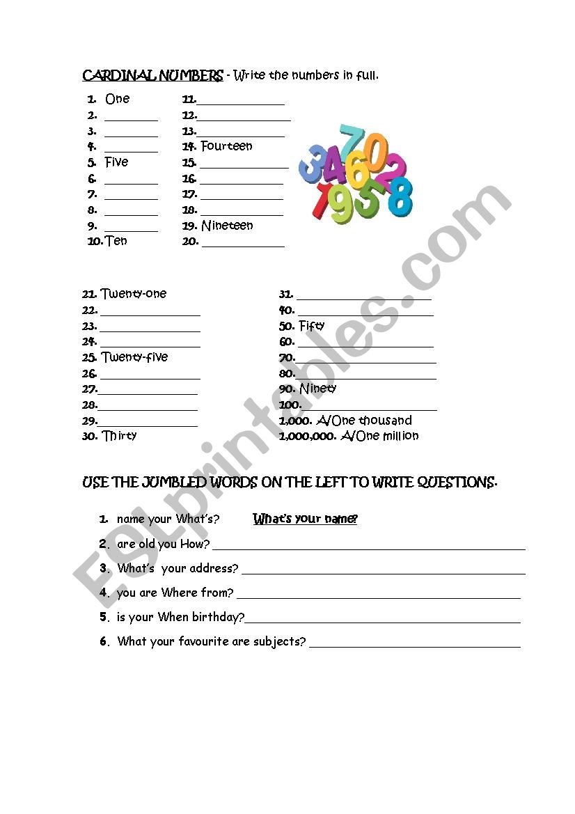 ORDINAL NUMBERS worksheet