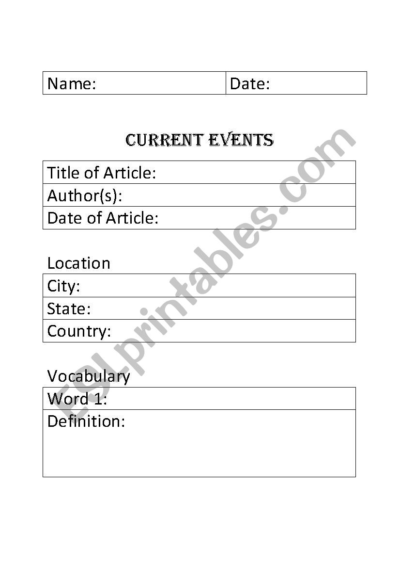 Current Events Template -Large Print - ESL worksheet by HeatherKovacs Within Current Events Worksheet Pdf