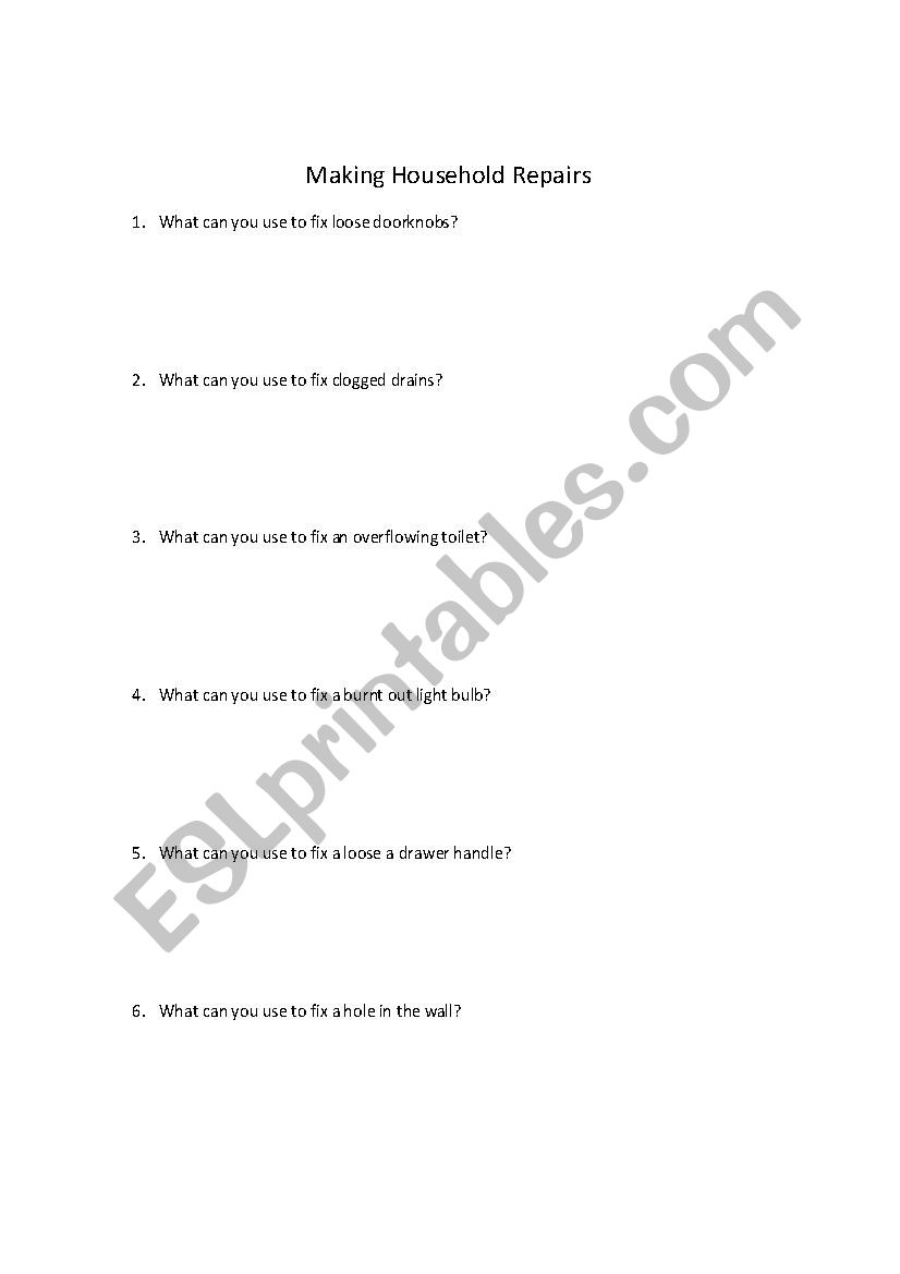 Making Household Repairs worksheet