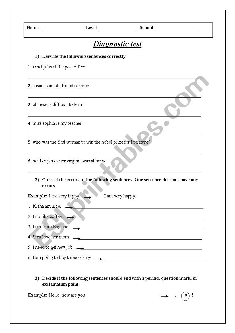 Diagnostic test worksheet