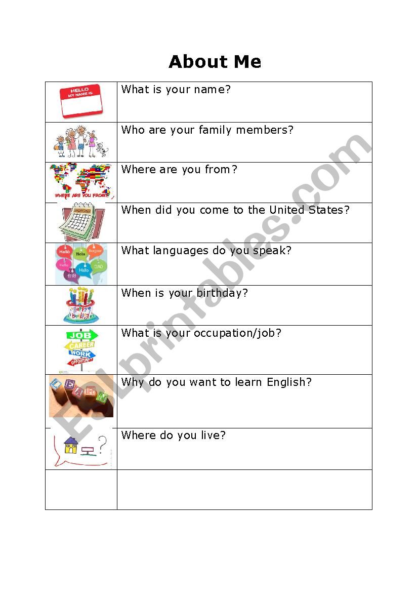 About Me (for adults)  worksheet