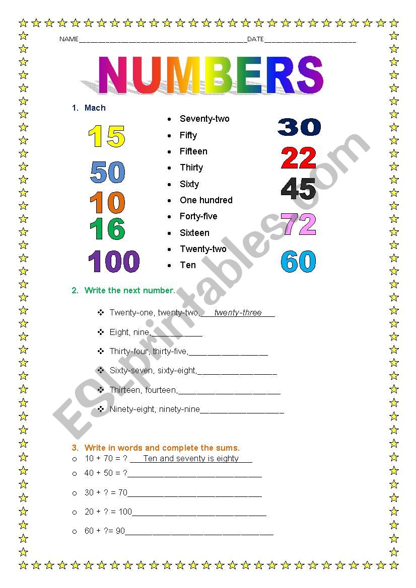 Numbers from 1 to 100 worksheet