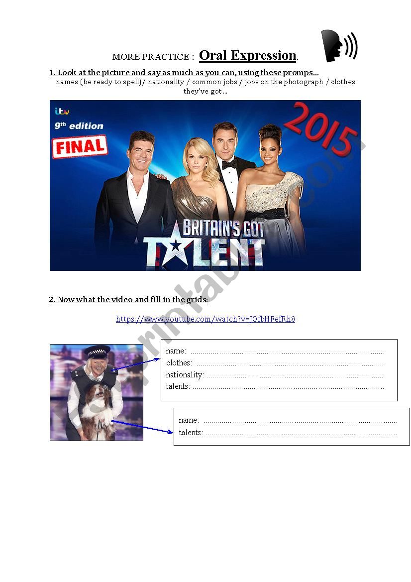 Britains Got Talent 2015 worksheet