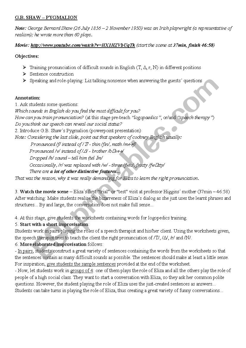 J. B. Shaw: Pygmalion worksheet