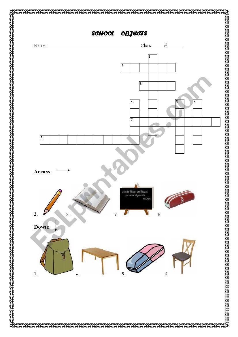 School objects- criss cross worksheet