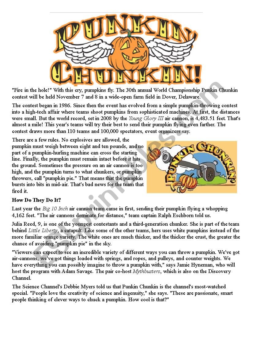 Punkin Chunkin worksheet