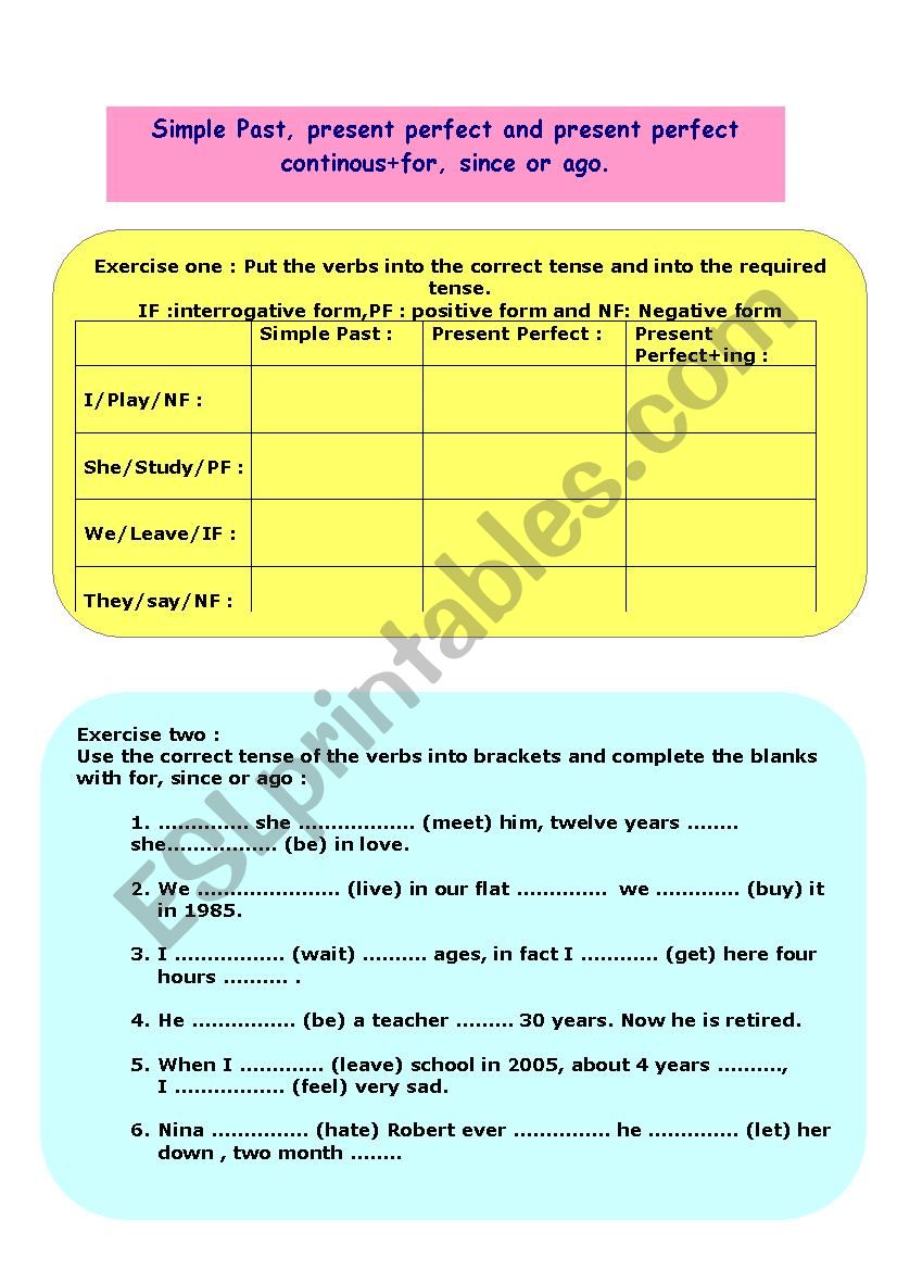 Simple Past, present perfect and present perfect continous+for, since or ago.