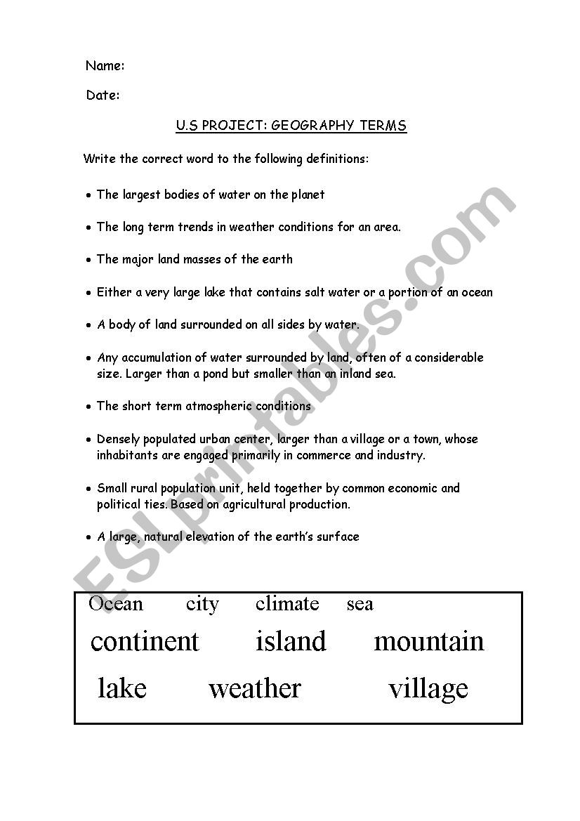 Geography terms worksheet
