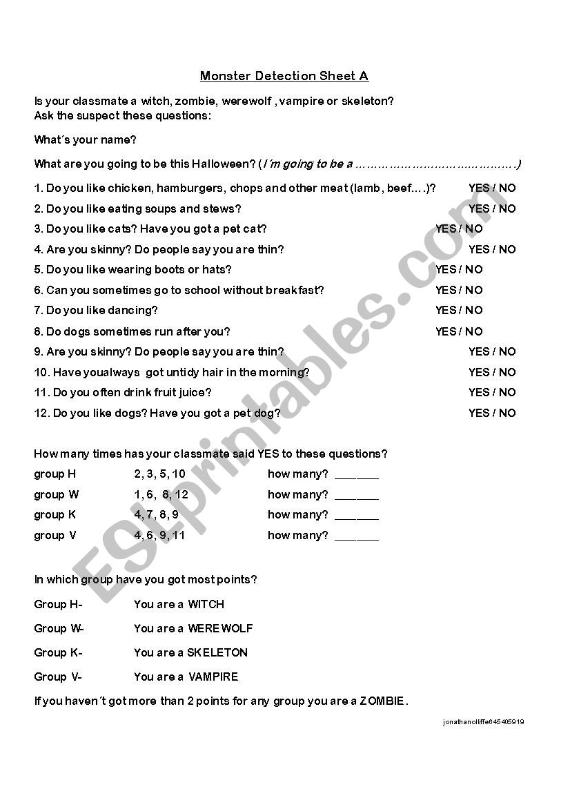 Monster Detection Sheet (Halloween)