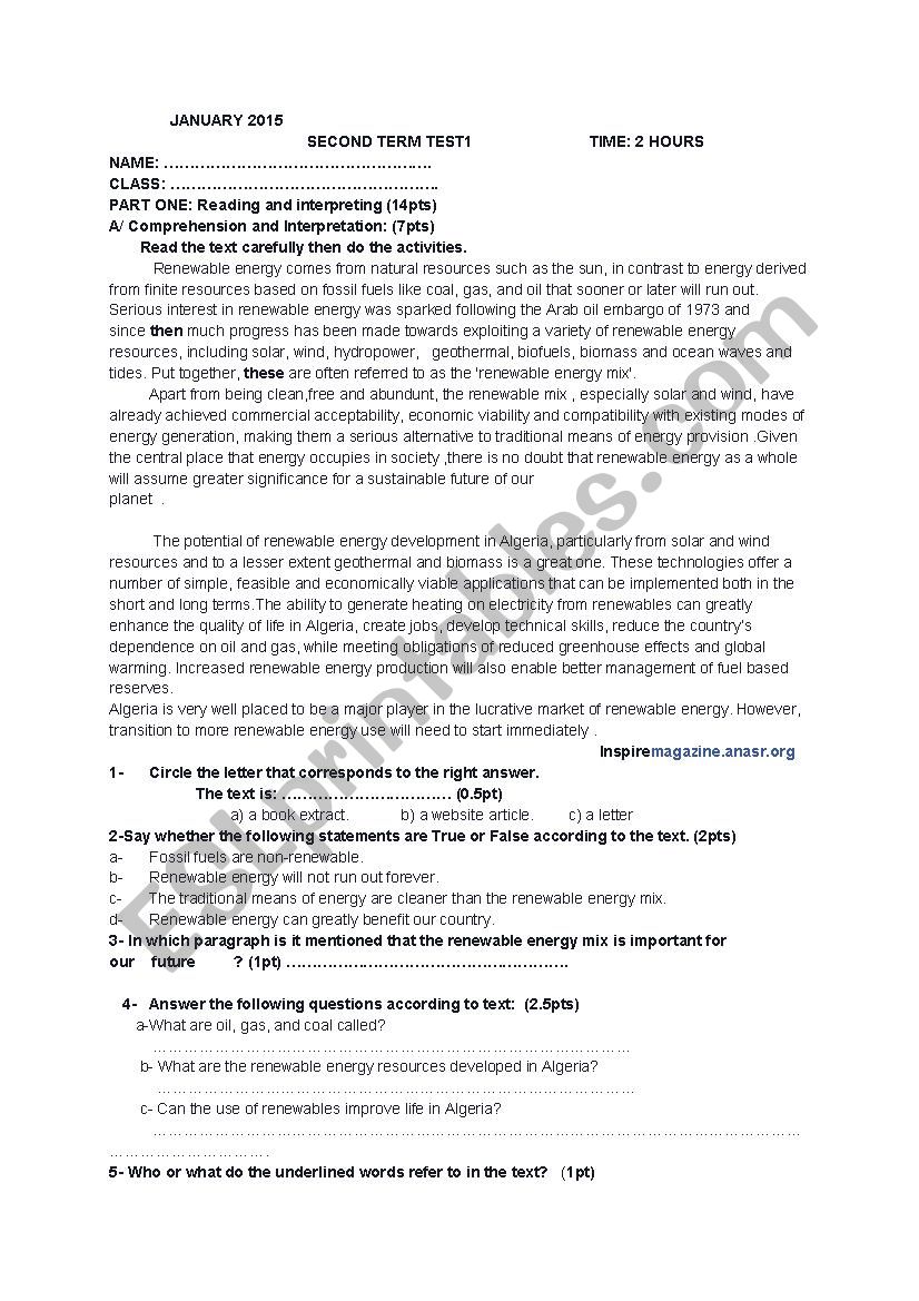 test renewble energy  worksheet