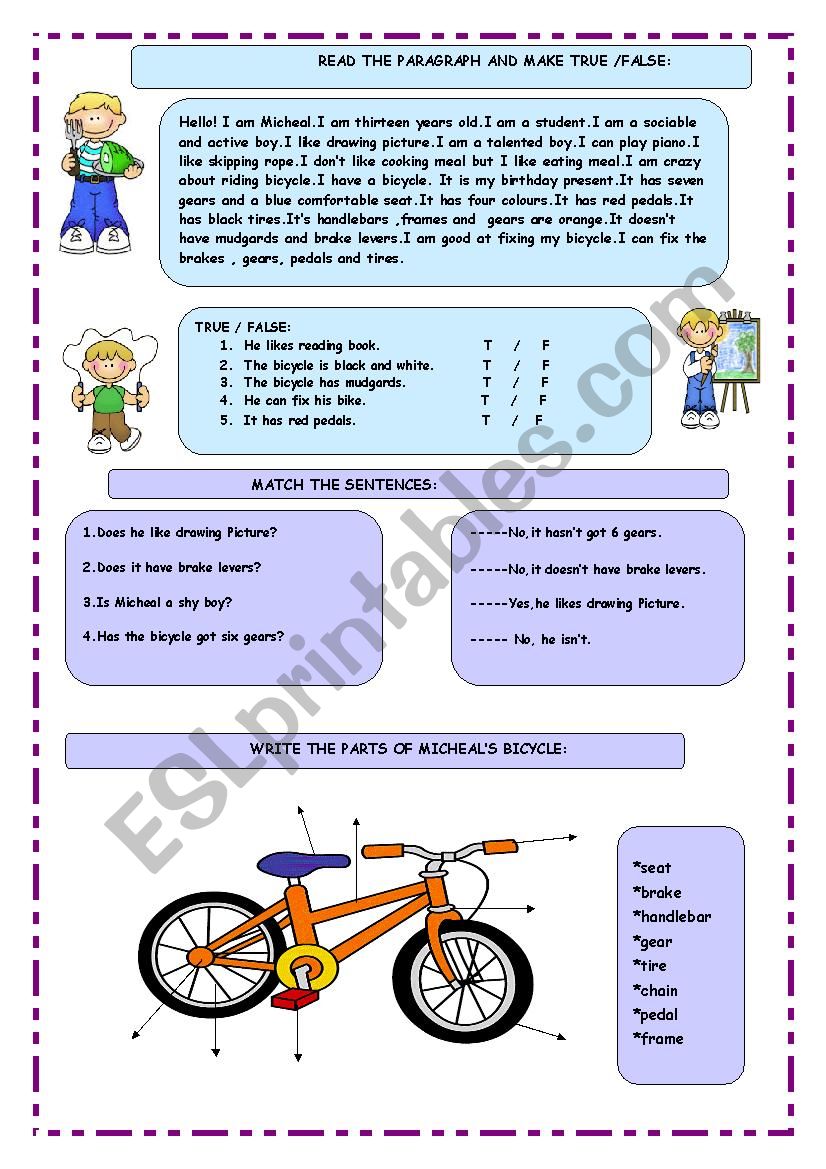 micheals bicycle worksheet