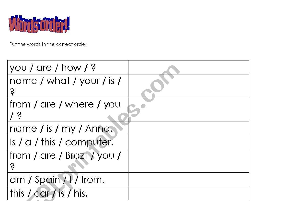 Sentences order worksheet