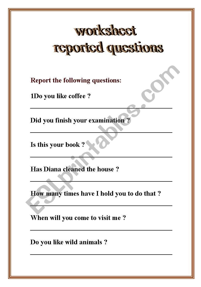 reported questions worksheet