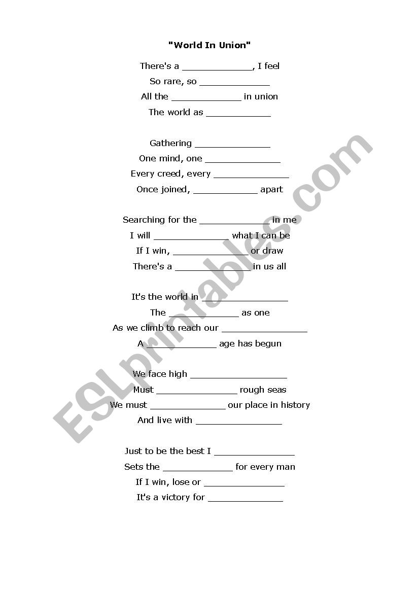 Rugby World Cup anthem worksheet