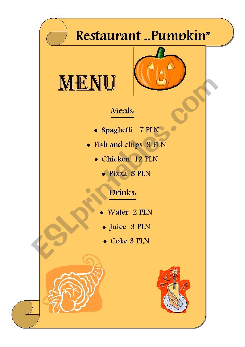 Menu  worksheet