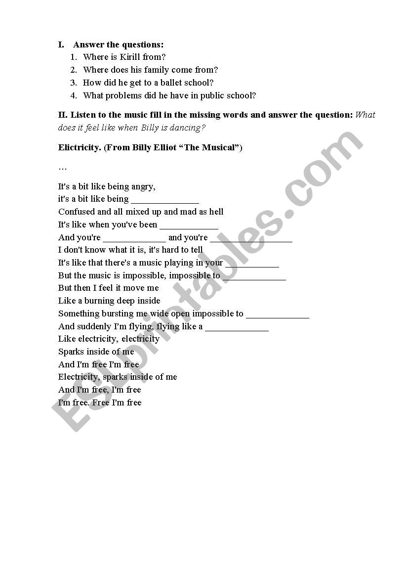 BillyElliot Comprehension worksheet