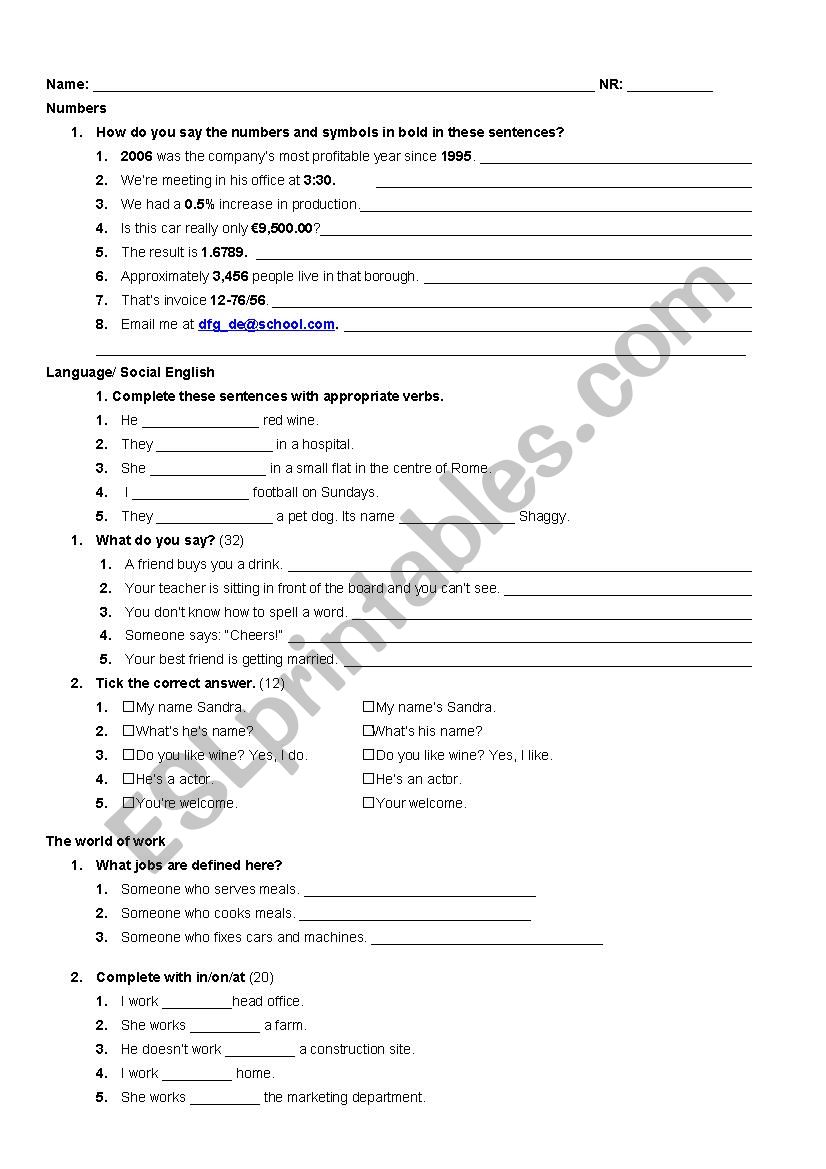 Test - Numbers, social English