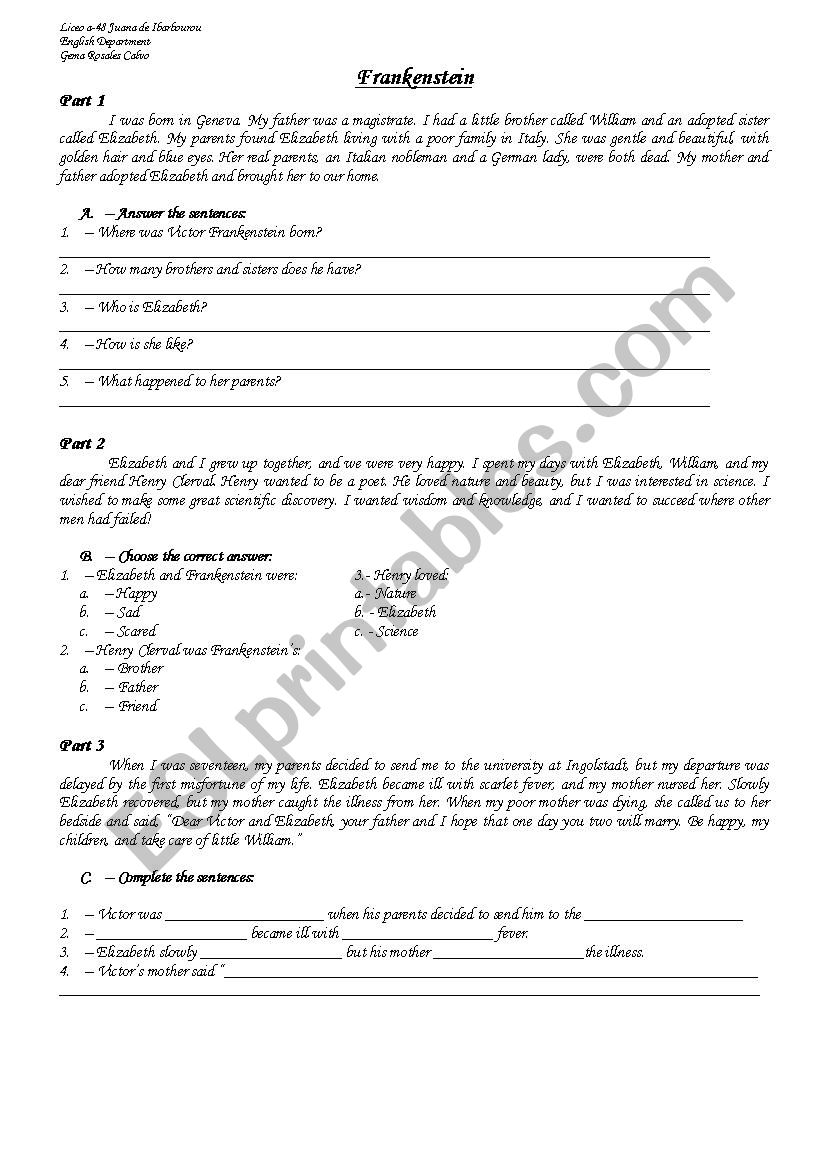 Frankesntein 1 worksheet