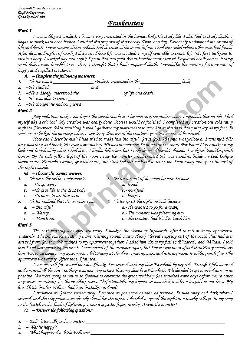 Frankenstein 2 worksheet