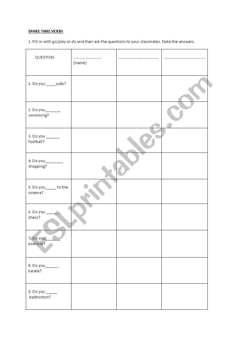 The spare time related verbs worksheet