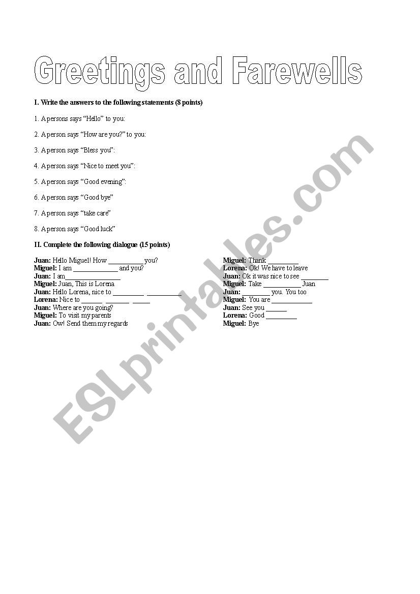 Greetings and farewells worksheet