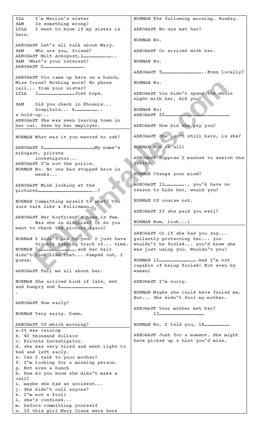 Psycho by hitchcock 3 worksheet