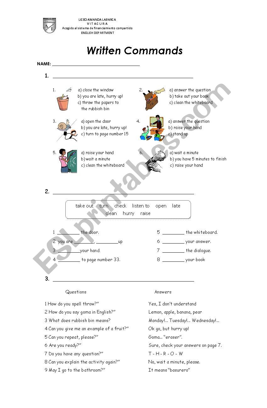 Written Commands worksheet
