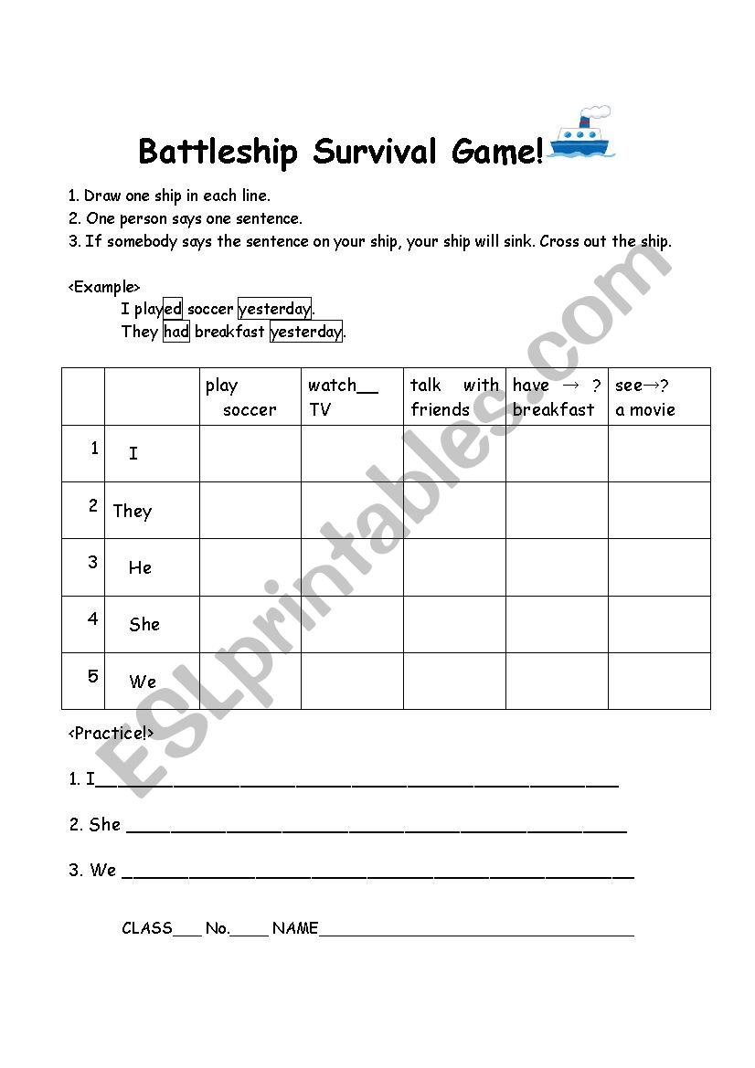 Battleship Game Simple Past worksheet