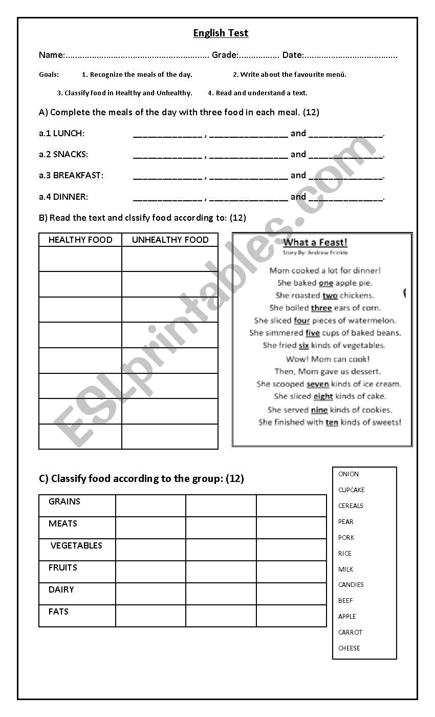 TEST FOOD AND DRINK worksheet