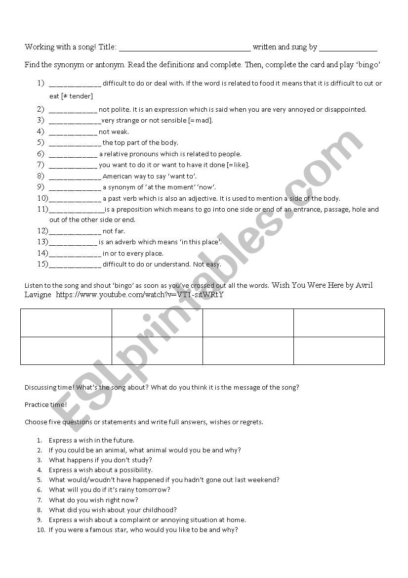 Wish you were here worksheet