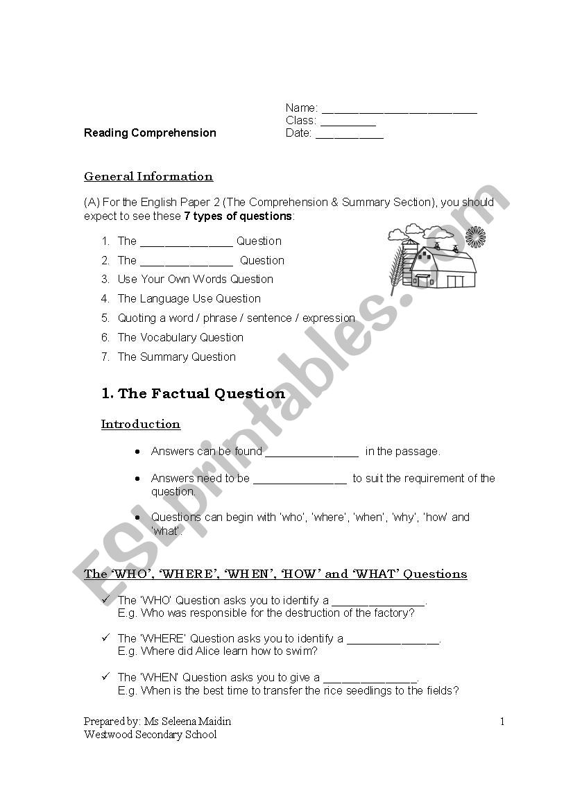 Comprehension Question Types (Literal and Inferential)