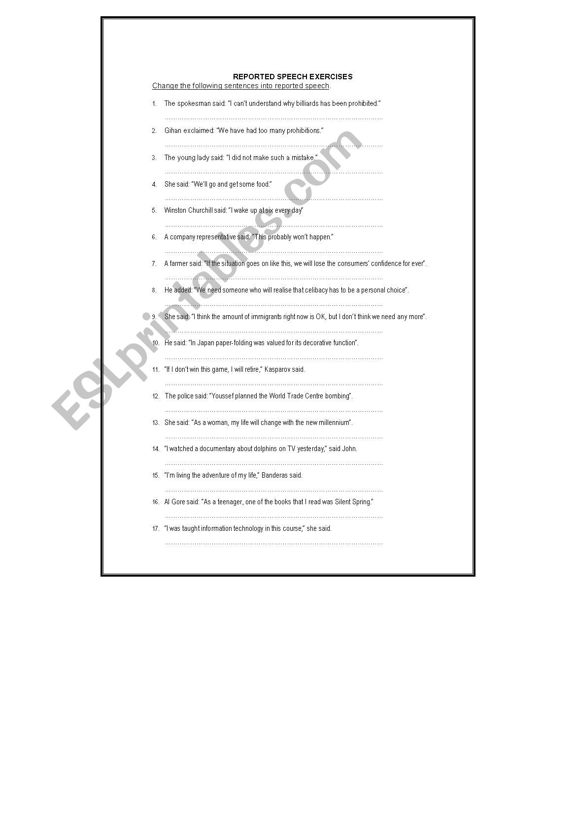 Reported speech  worksheet